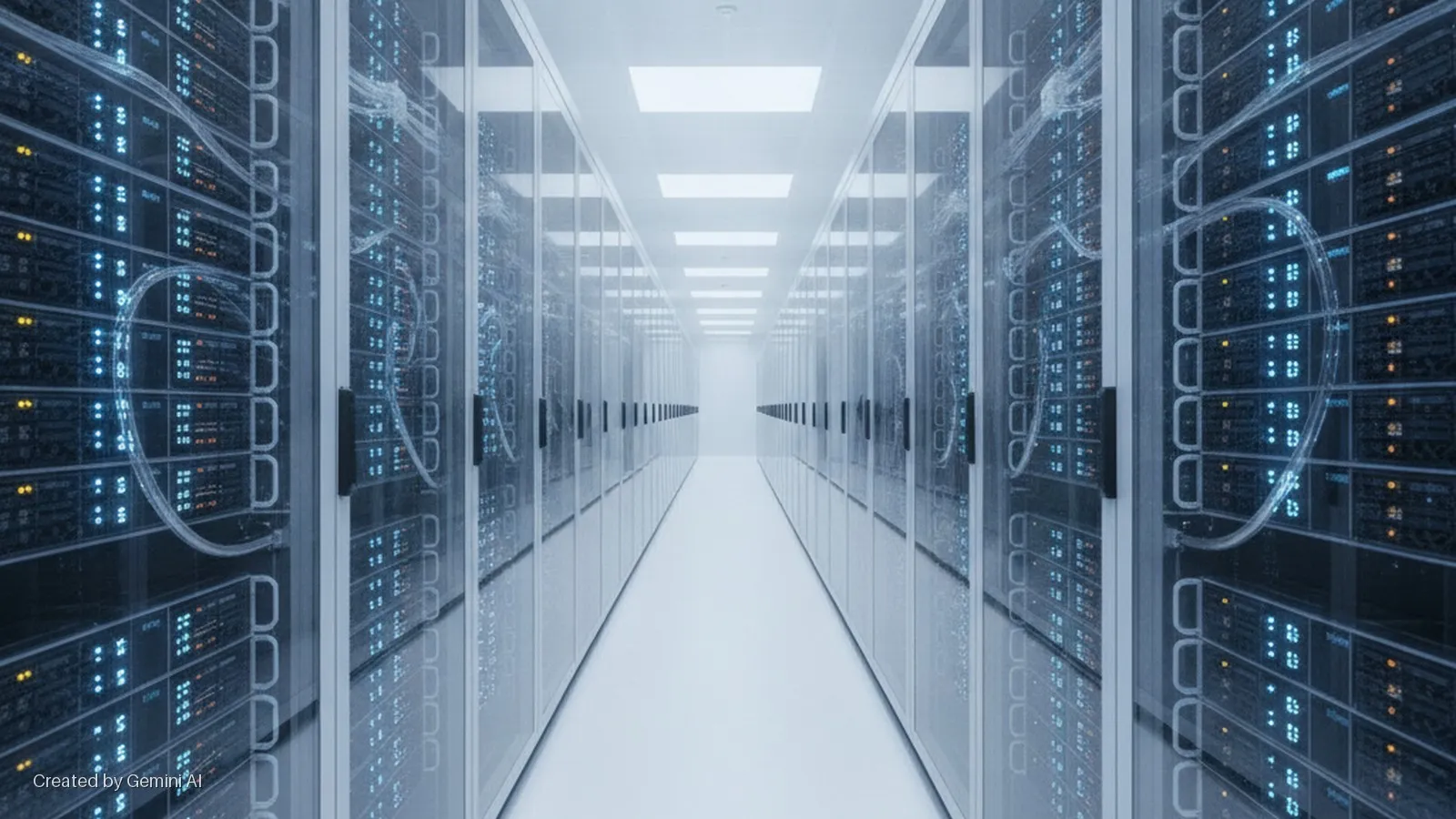A brightly lit data center corridor with rows of server racks on both sides, displaying glowing blue and yellow indicator lights and transparent cabling.