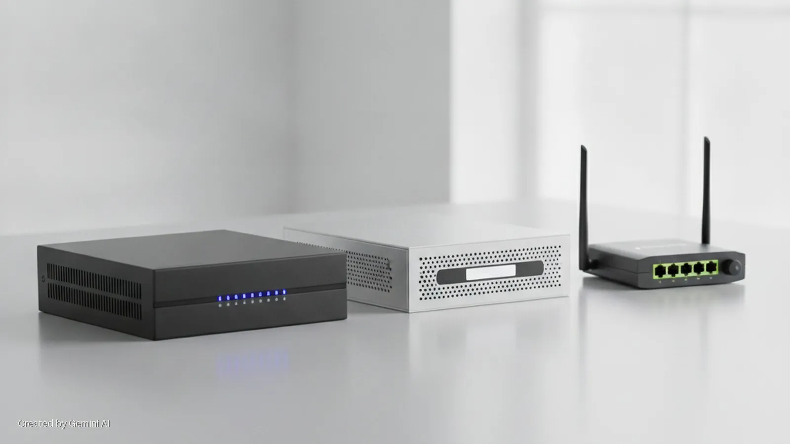 Three network appliances, a black unit with blue indicator lights, a silver unit with perforated sides, and a small black router with two antennas and four green Ethernet ports, are arranged on a light-colored surface under bright, even lig