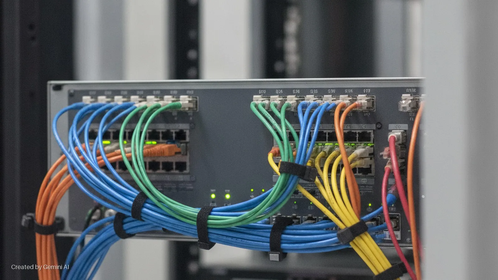 A network switch in a server rack, densely populated with colorful ethernet cables secured by velcro ties, displays illuminated green activity lights.