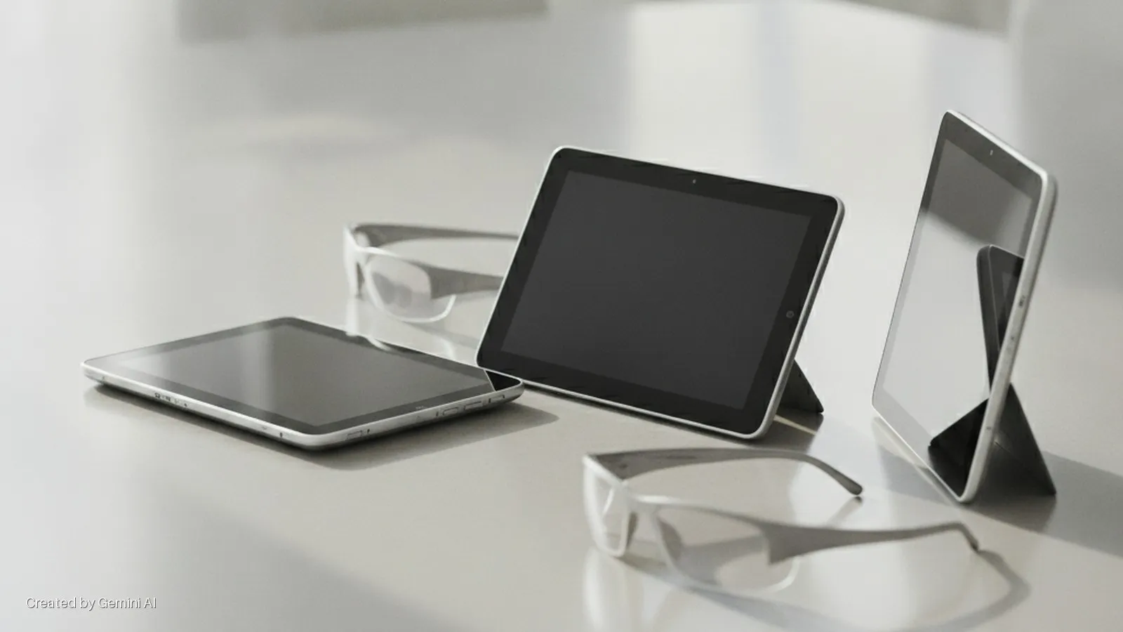 Three silver-edged tablets with black screens and two pairs of transparent-framed glasses rest on a reflective light gray table under bright, soft lighting.