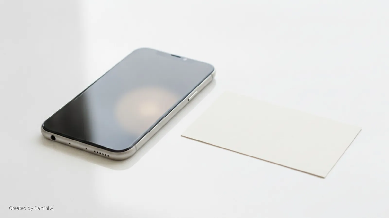 A silver smartphone with a dark screen lies next to a blank light beige card on a bright, softly lit white surface.