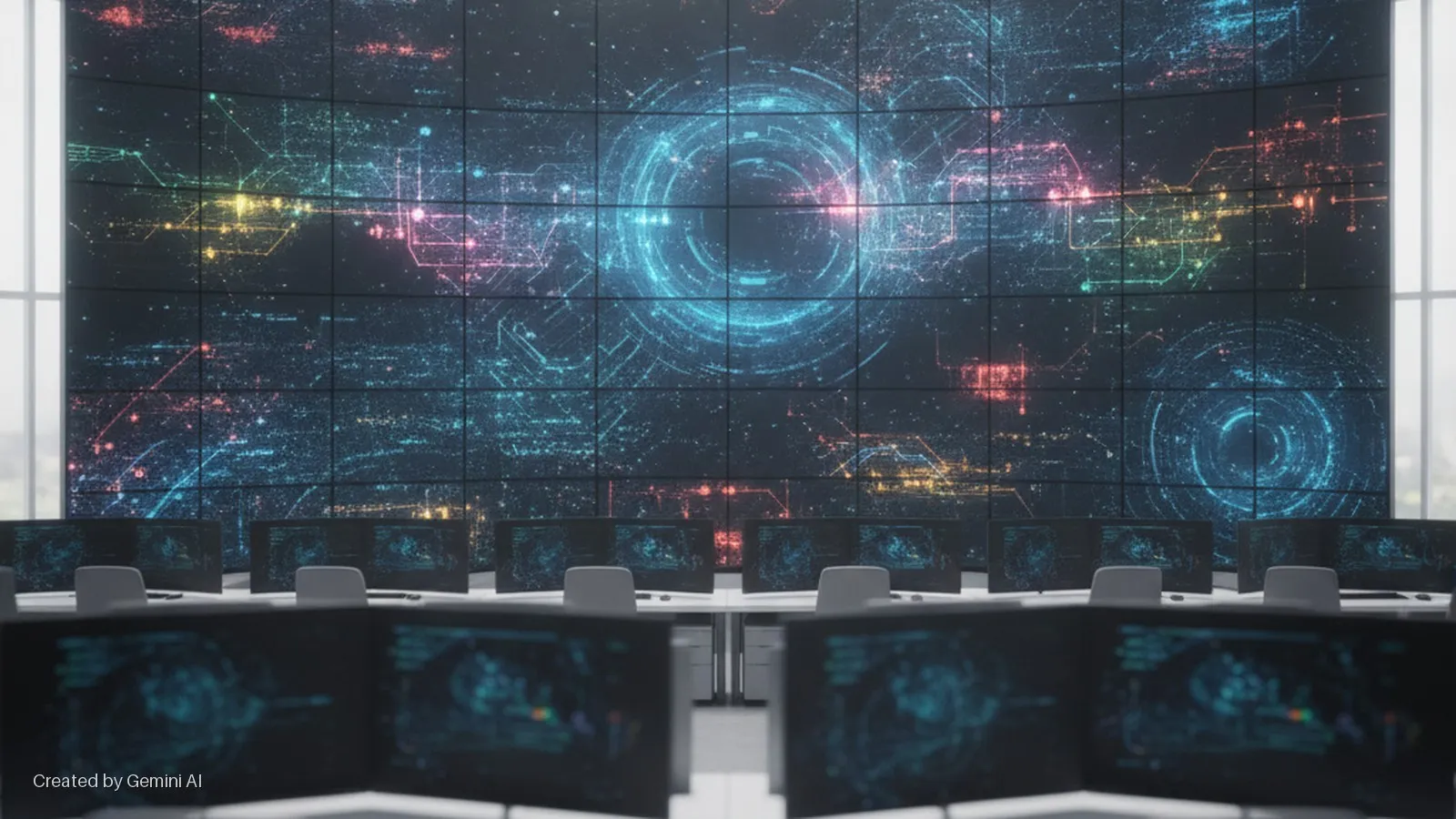 A control room features a large curved video wall displaying bright, colorful digital network patterns and a central glowing blue circle, with rows of computer desks and chairs in the foreground, lit by the screens and natural light from ta