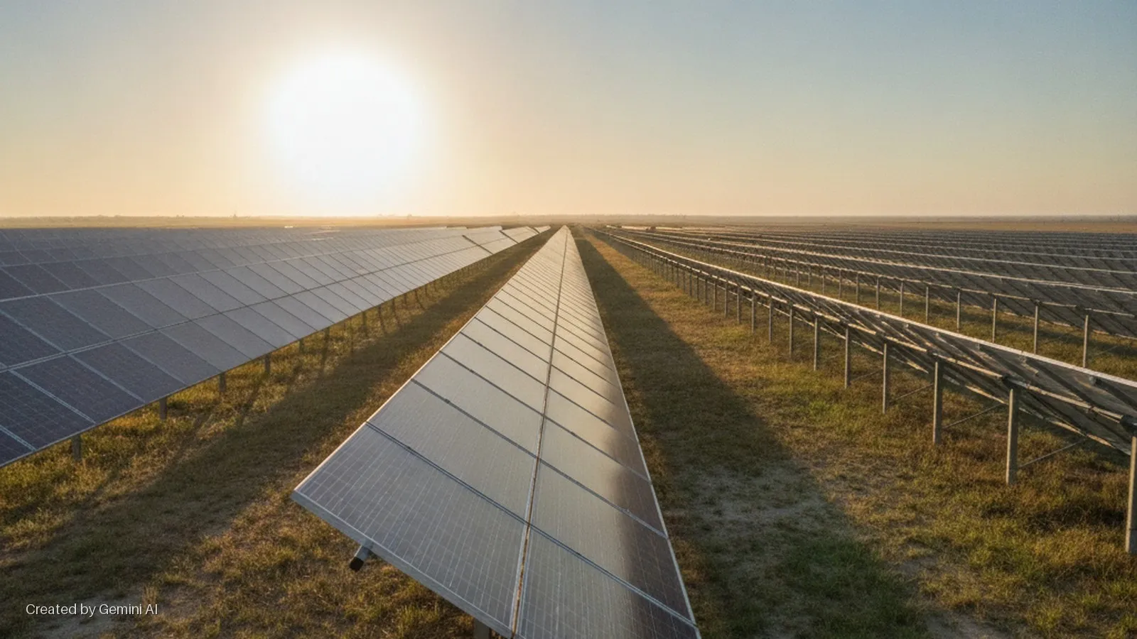 A wide view of a solar farm at sunrise or sunset, featuring long rows of solar panels stretching into the distance under a glowing, low sun on the left.