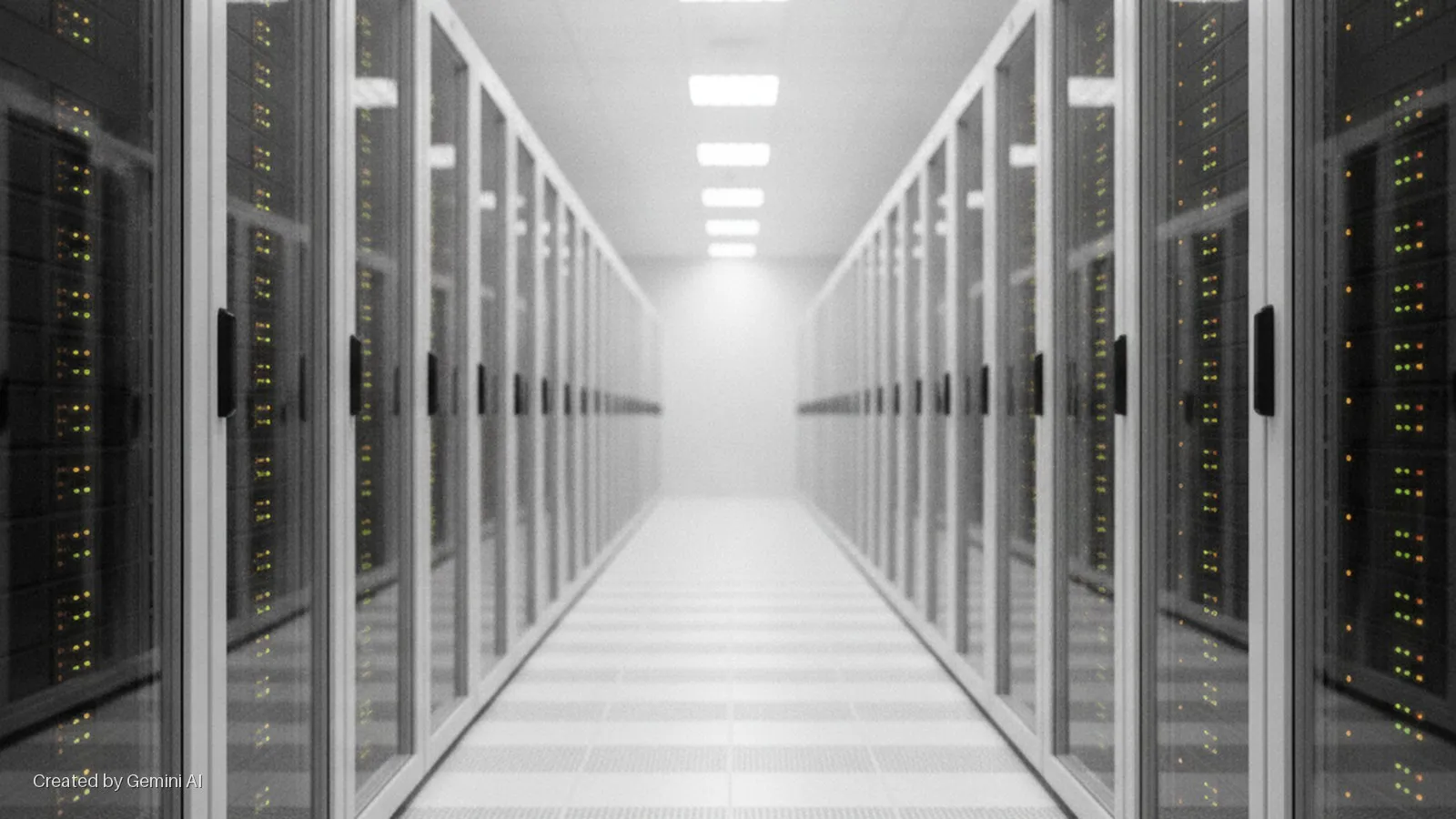 A long, brightly lit data center aisle is lined with white server racks, their glass doors revealing glowing green and amber indicator lights and black handles, extending into the distance under overhead square fluorescent lights.