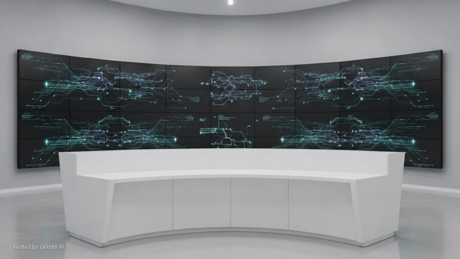 A large curved video wall displaying abstract blue and green data patterns sits above a white curved console desk in a brightly lit modern control room.