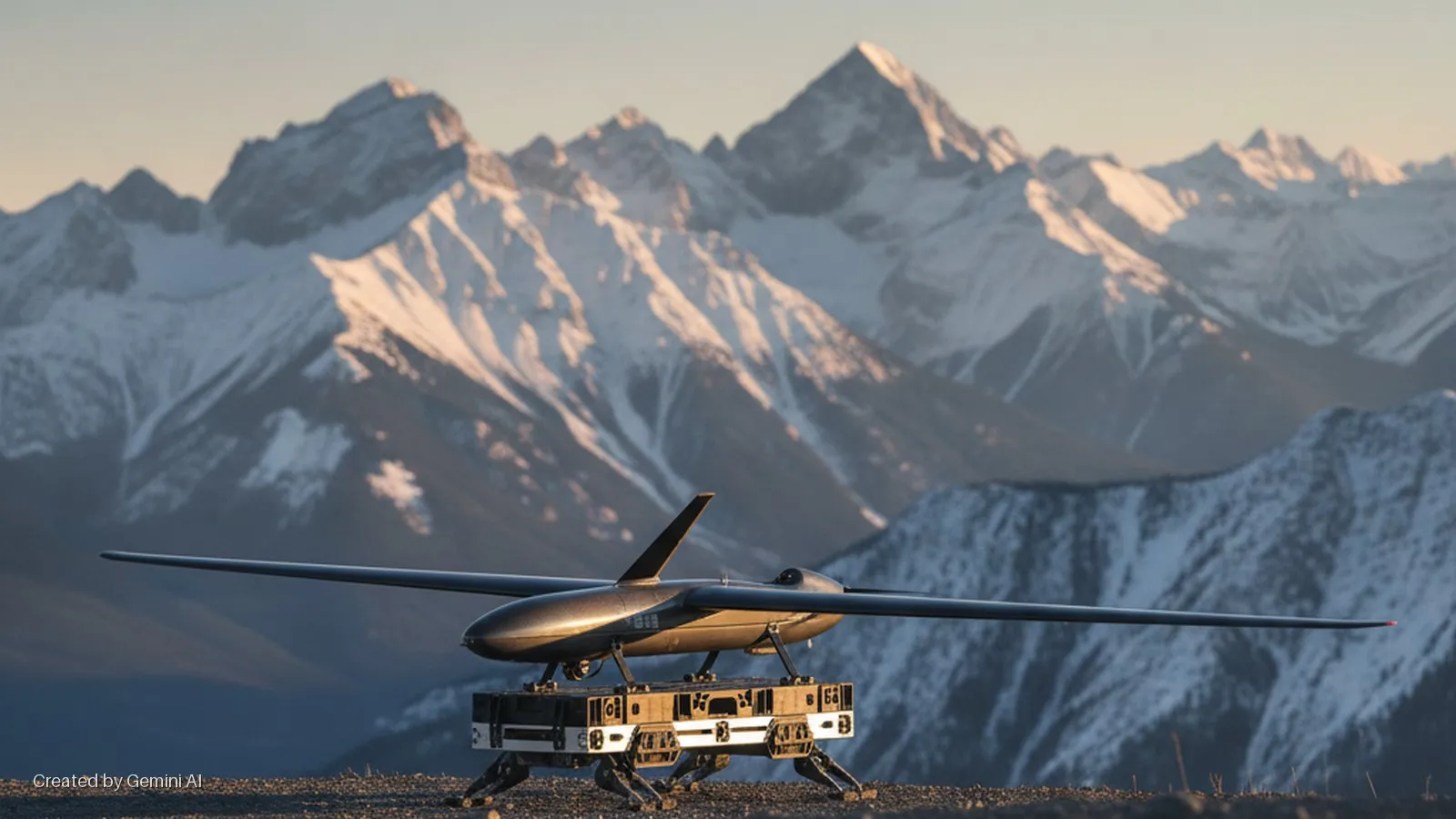 A grey fixed-wing drone rests on a legged robotic launch platform on rocky ground, with sunlit snow-capped mountains in the background at golden hour.