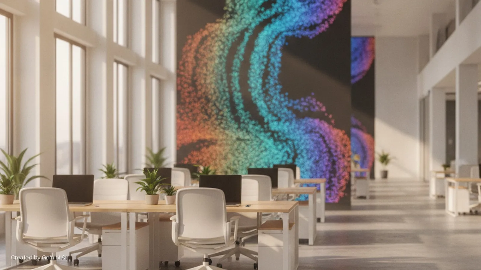 A bright, modern office features rows of light wooden desks with white chairs, laptops, and potted plants, fronting large windows and a dark wall displaying a vibrant, swirling pattern of colorful light particles.
