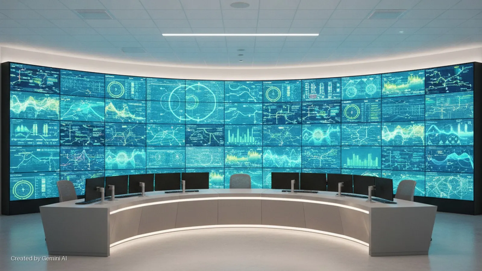 A brightly lit, modern control room features a large, curved video wall composed of dozens of screens displaying various blue and green data visualizations, fronted by a curved white desk equipped with multiple computer monitors and office 