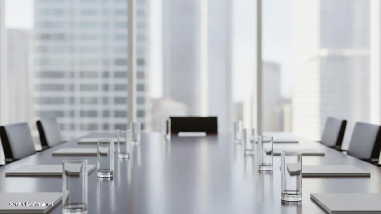 A modern conference room features a long wooden table set with clear glasses and white notepads, surrounded by office chairs, with a bright city skyline visible through large windows in the background.