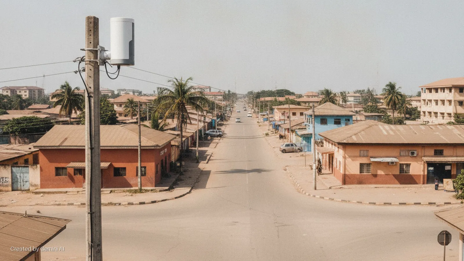 A sunny street in a town or city is lined with low-rise buildings with corrugated metal roofs and palm trees, with a concrete utility pole mounting a cylindrical communication device in the left foreground.
