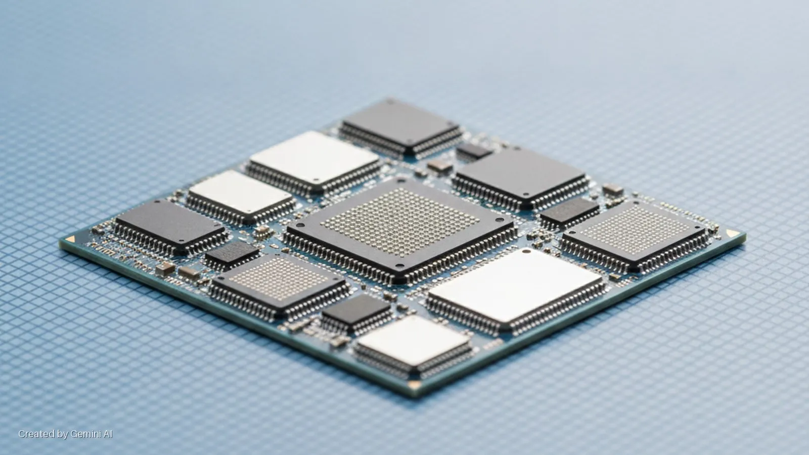 A blue circuit board populated with various black and white integrated circuits is angled on a light blue grid-patterned surface under bright, even lighting.