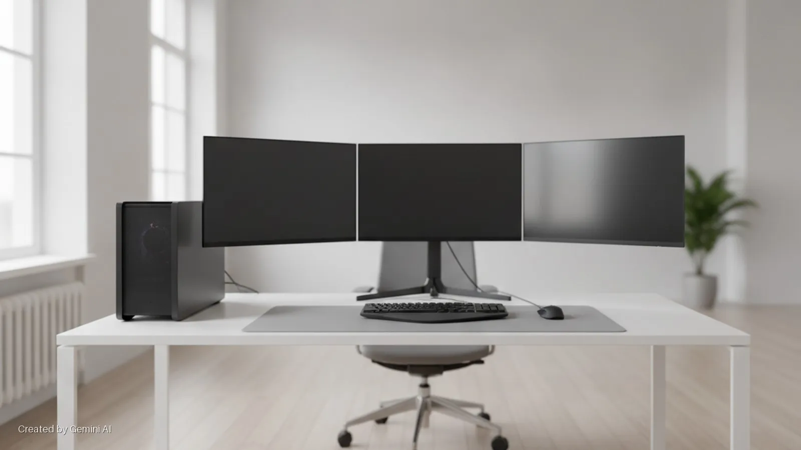 A bright modern office workspace features a white desk with three black computer monitors, a tower, keyboard, mouse, and an office chair, illuminated by natural light from windows and featuring a potted plant in the background.