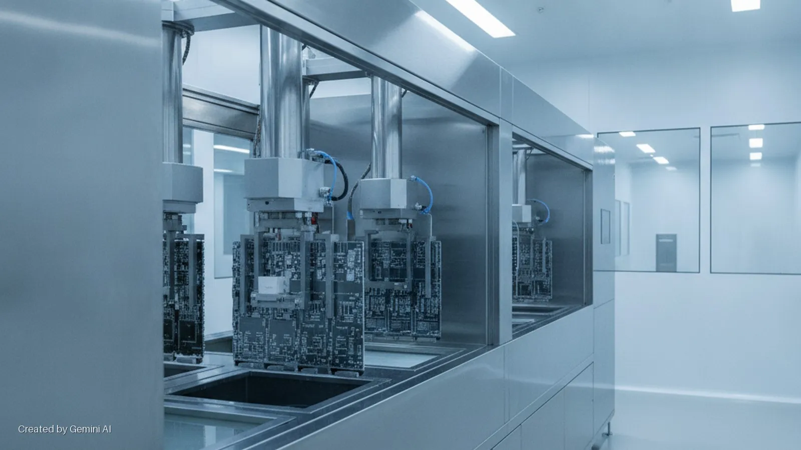 Circuit boards are submerged in liquid baths by robotic mechanisms within a bright, industrial cleanroom featuring stainless steel equipment and glass walls.