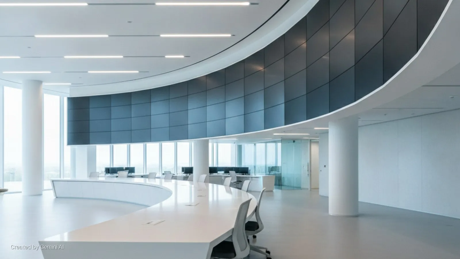 A modern, brightly lit office features a long, curved white conference table with chairs, beneath a large curved multi-panel display wall, with linear ceiling lights and tall windows along the perimeter.