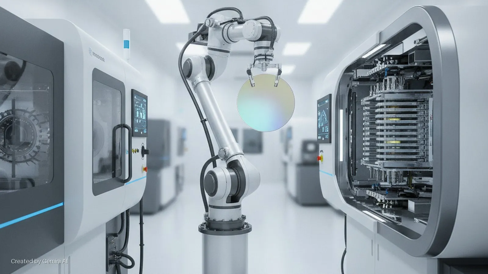 A robotic arm holds an iridescent silicon wafer between two large, white industrial machines with digital screens, set in a bright cleanroom.