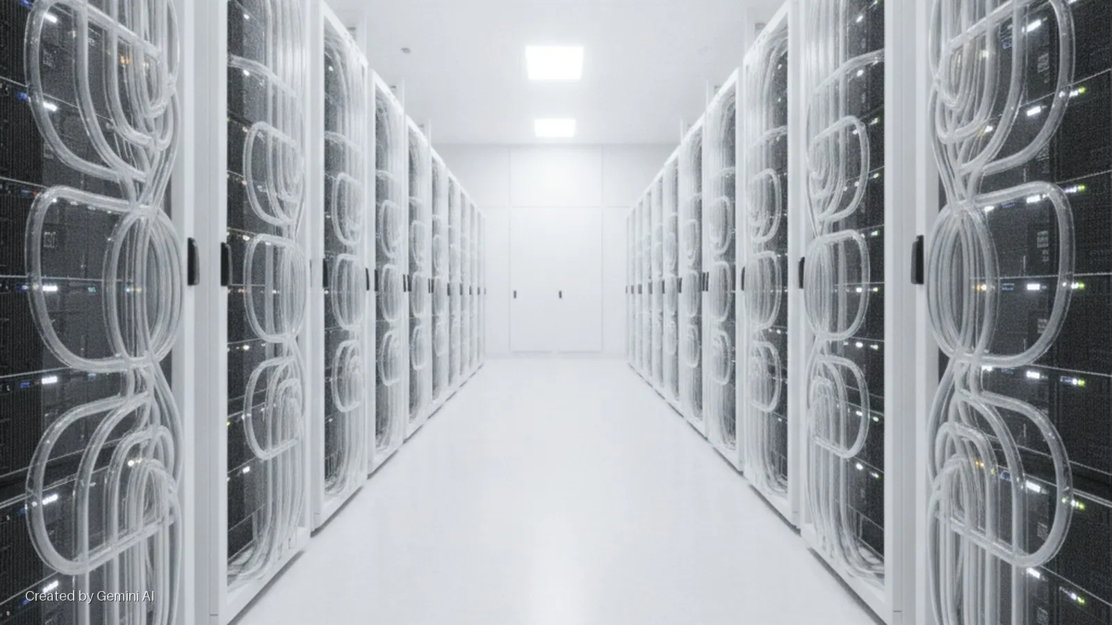 A long, brightly lit data center aisle is lined with two rows of white server racks, each featuring clear external tubing and internal blinking lights, leading to a plain white wall with two doors.