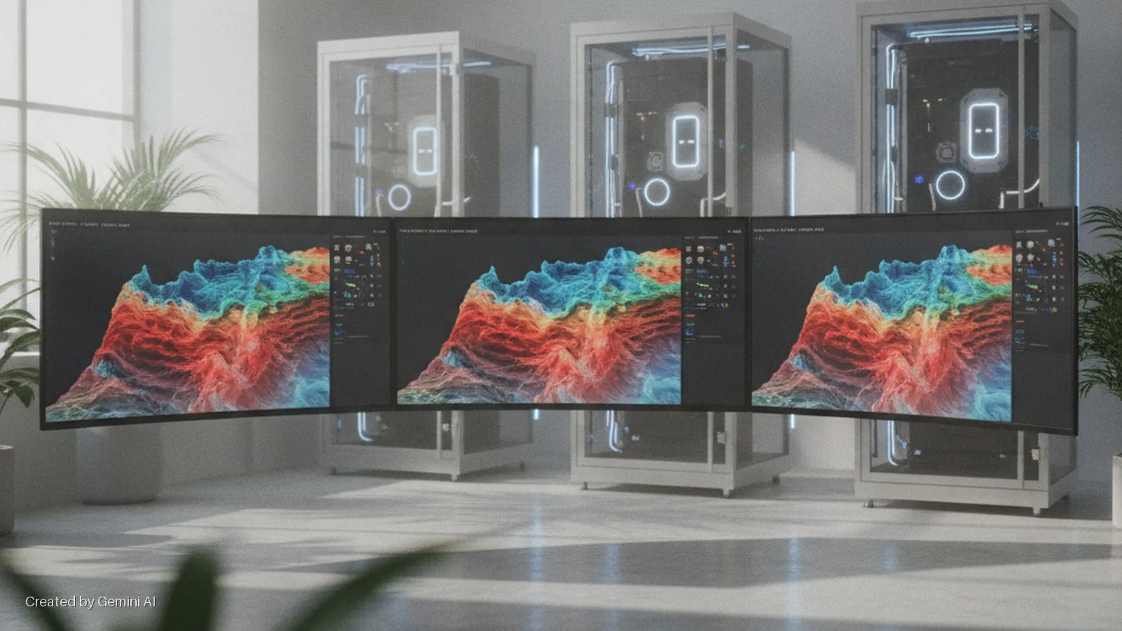 Three curved monitors display colorful 3D data in a bright room with a window, two potted plants, and three illuminated servers in glass cases, with natural light casting shadows on the concrete floor.
