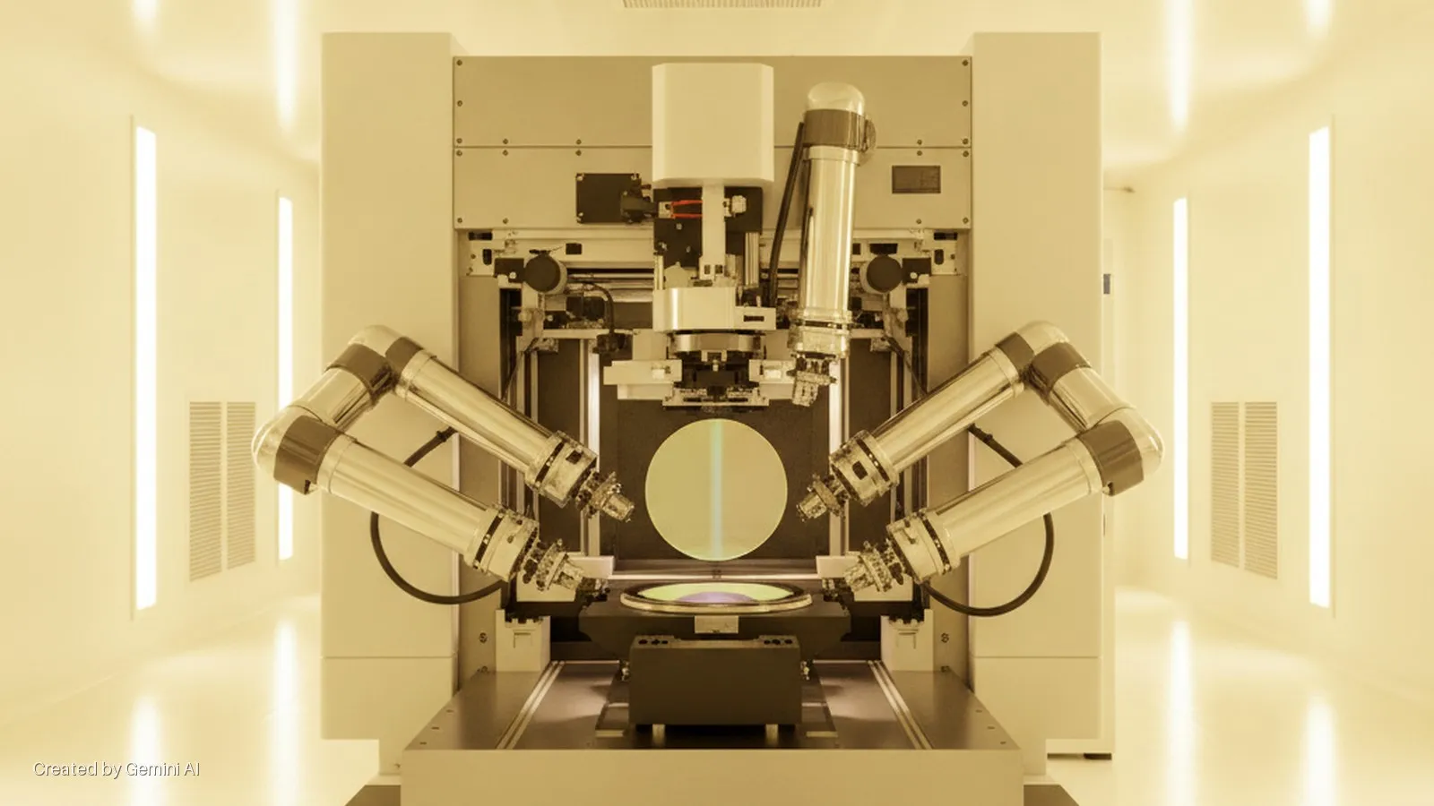 A semiconductor processing machine with four robotic arms is positioned around two silicon wafers within a brightly lit, yellow-toned cleanroom.