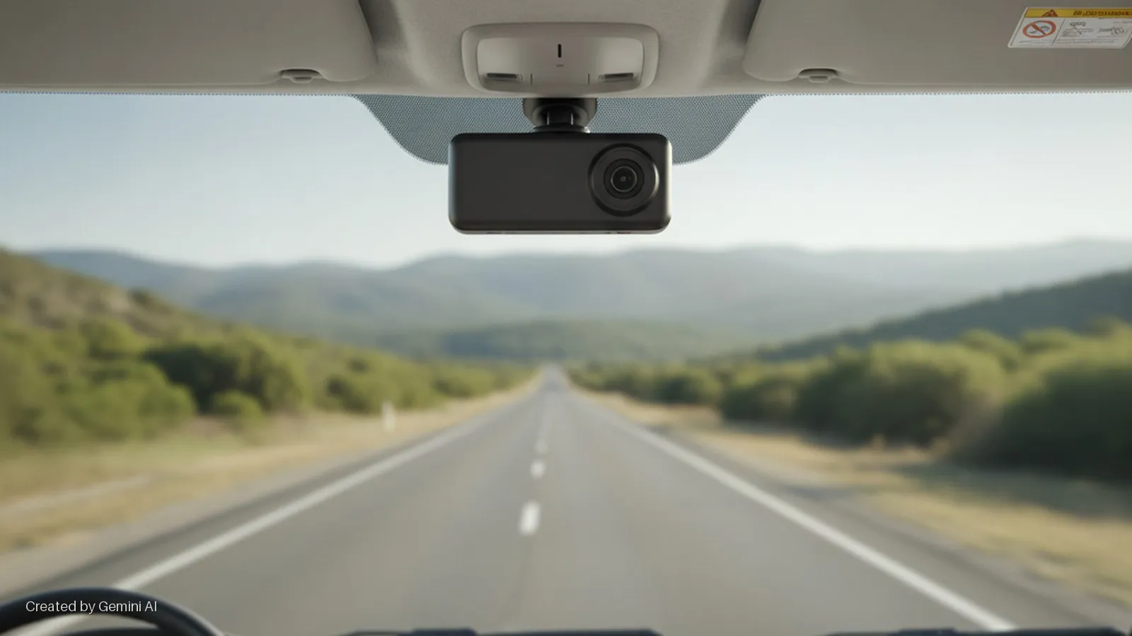 A black dashcam is centrally mounted to a car's overhead console, looking forward onto a straight, paved road bordered by green hills and distant mountains under clear daylight.