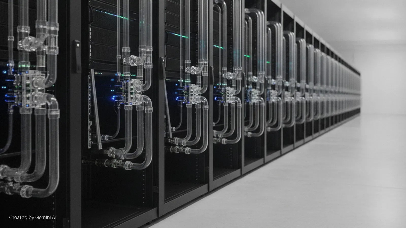 A brightly lit data center displays a long row of black server racks featuring clear liquid cooling pipes and internal blue and green operational lights.