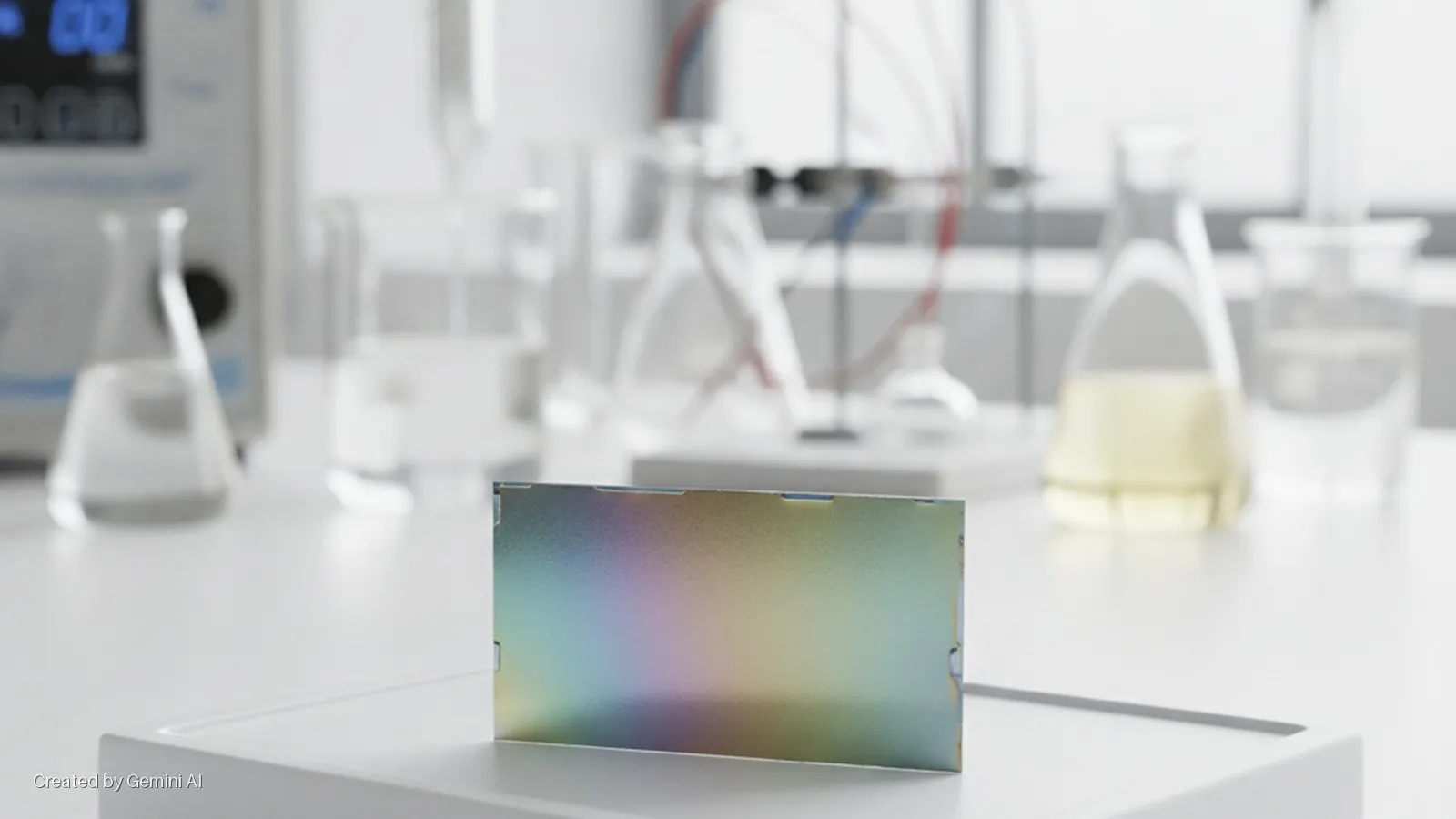 An iridescent rectangular plate is centered on a white lab counter, with various blurred laboratory glassware and equipment visible in the bright background.