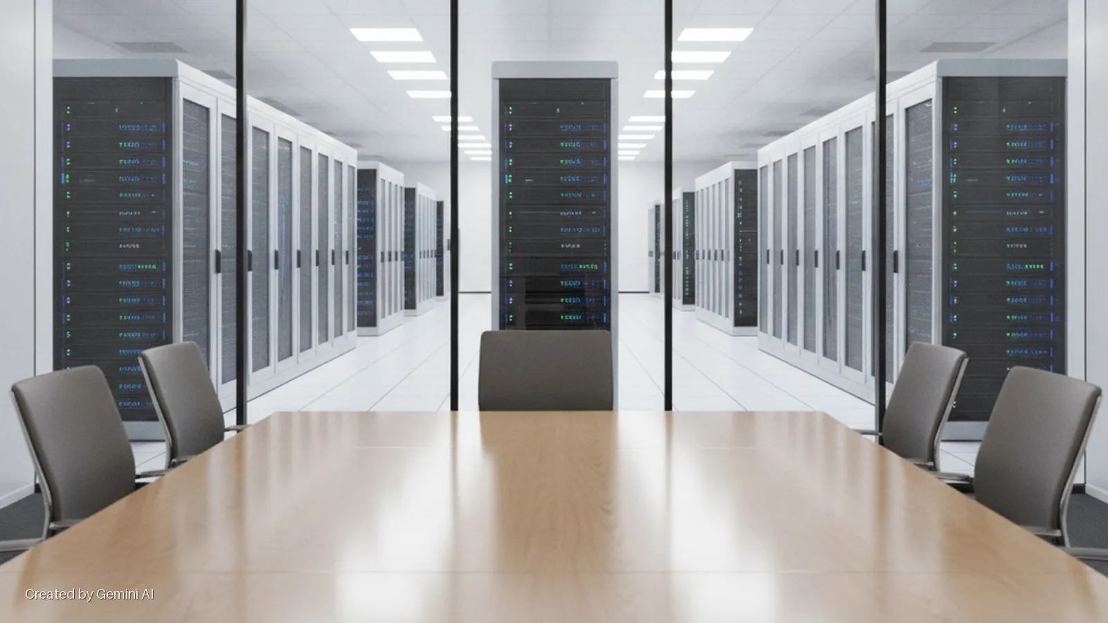 A brightly lit conference room features a wooden conference table and chairs in the foreground, separated by glass partitions from a data center lined with rows of server racks.