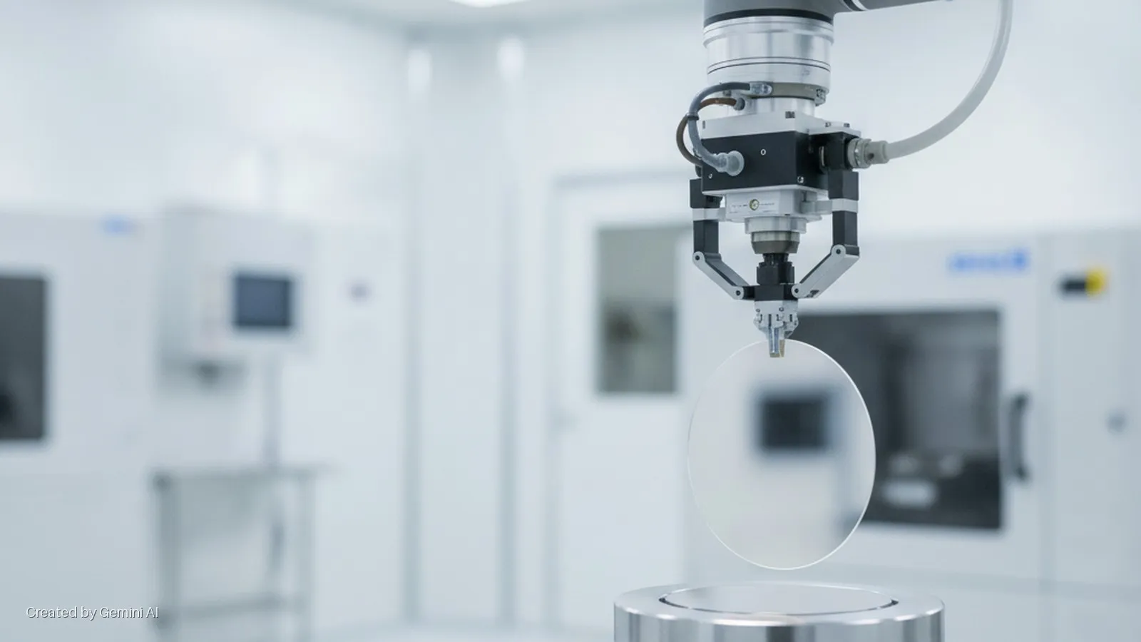 A robotic arm precisely holds a transparent circular wafer above a metal platform in a brightly lit, sterile cleanroom.