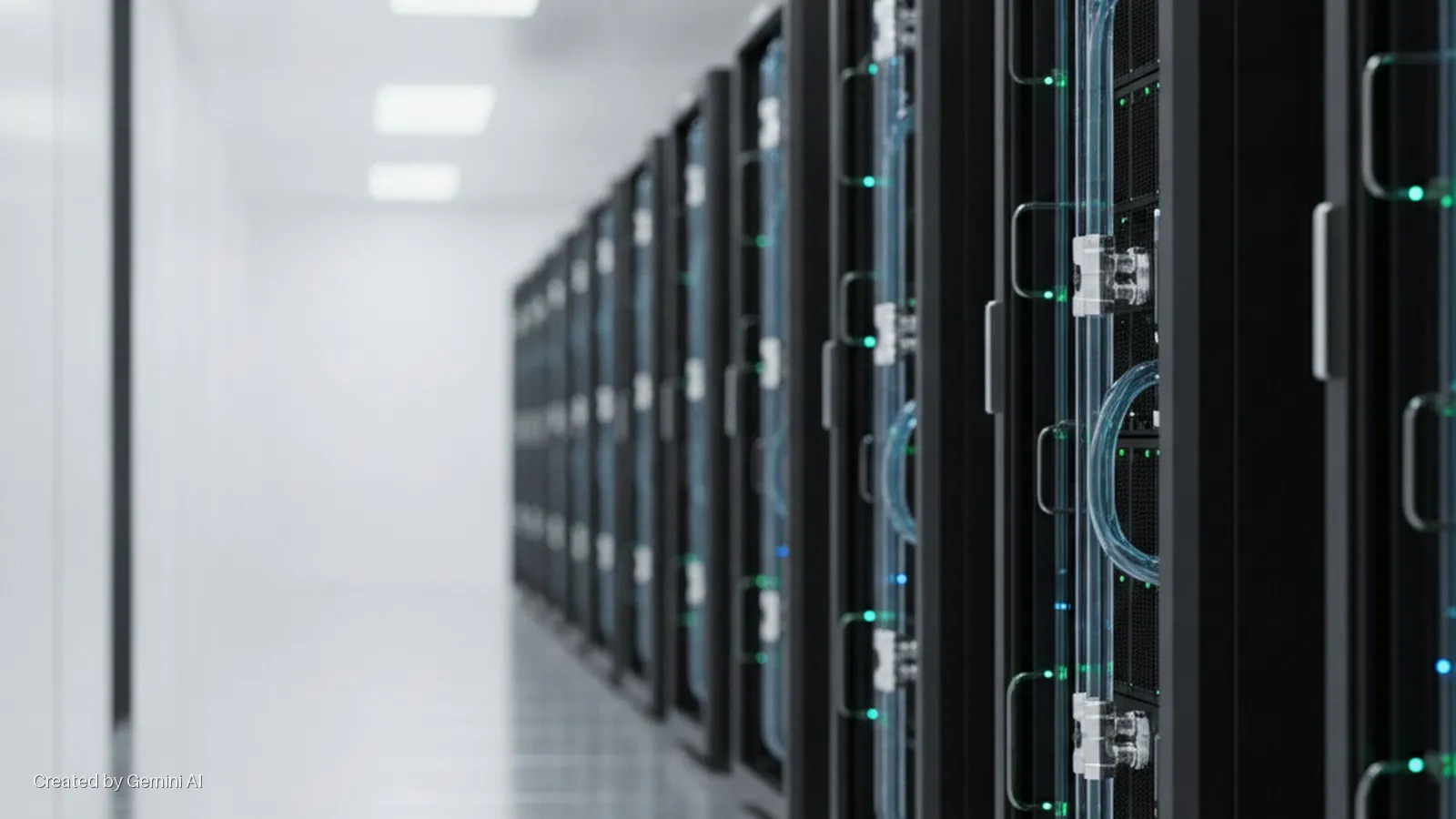 A long row of black server racks with glowing green and blue indicator lights and clear liquid cooling tubes stands in a brightly lit, white data center aisle.