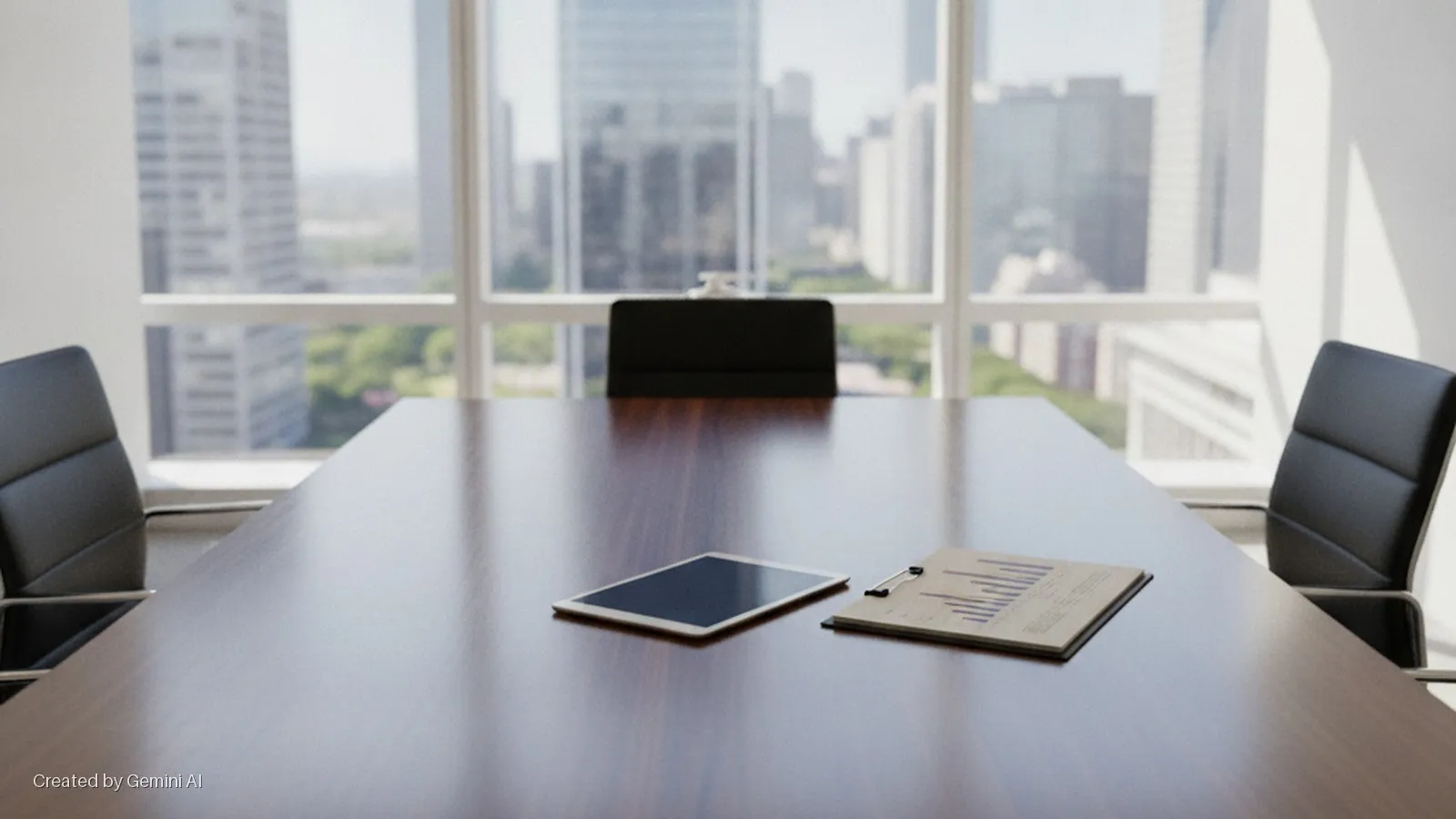 A brightly lit conference room features a large wooden table holding an iPad and a clipboard with a graph, with three black office chairs and a city skyline visible through expansive windows.