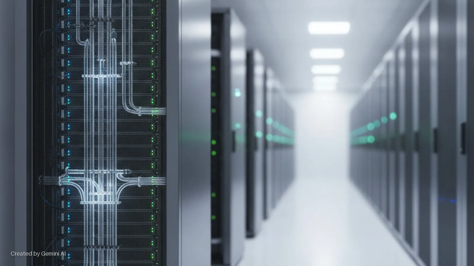 A server rack with glowing blue data cables and green indicator lights stands in the foreground, with an aisle of blurred server racks extending into the distance under bright overhead lights in a data center.