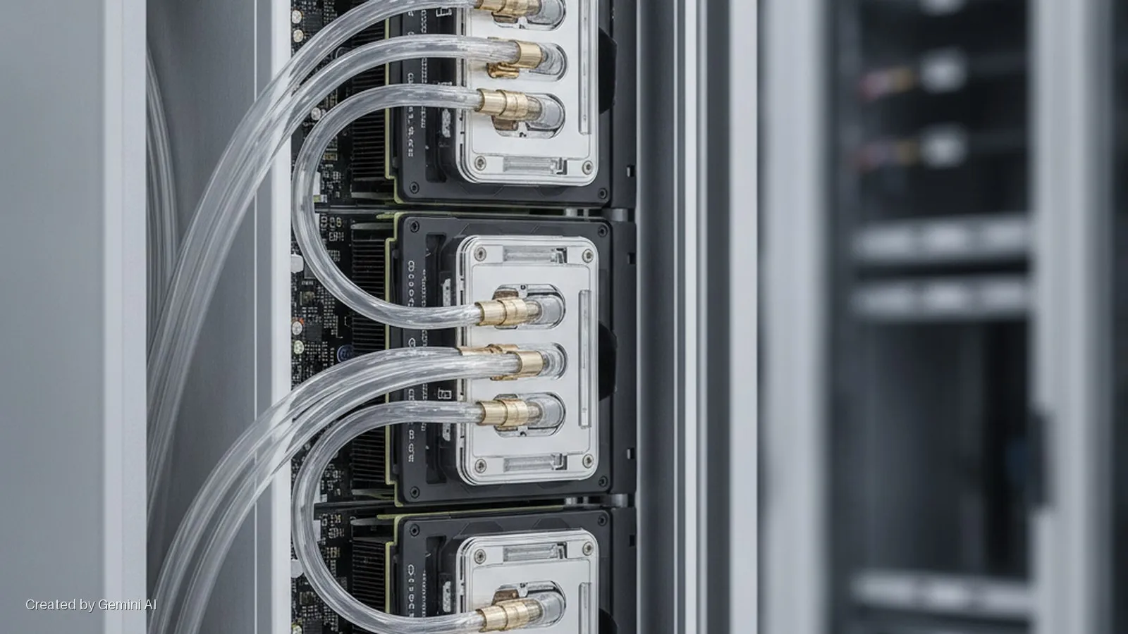Clear liquid cooling tubes with brass fittings connect to silver water blocks on black server modules within a brightly lit rack.