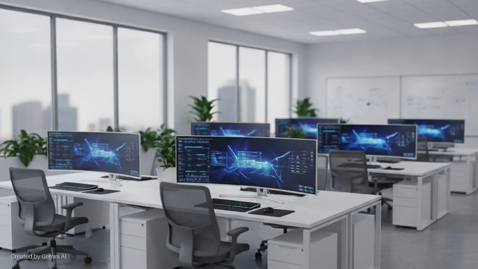 An empty, modern open-plan office features white desks, ergonomic chairs, computer monitors displaying abstract blue data graphics, potted plants, large windows revealing city buildings, and bright overhead lighting.