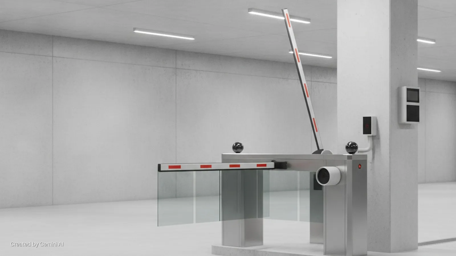 A modern, brightly lit parking garage entrance featuring a raised vehicle barrier, a pedestrian barrier with glass panels, multiple security cameras, and wall-mounted access control systems.