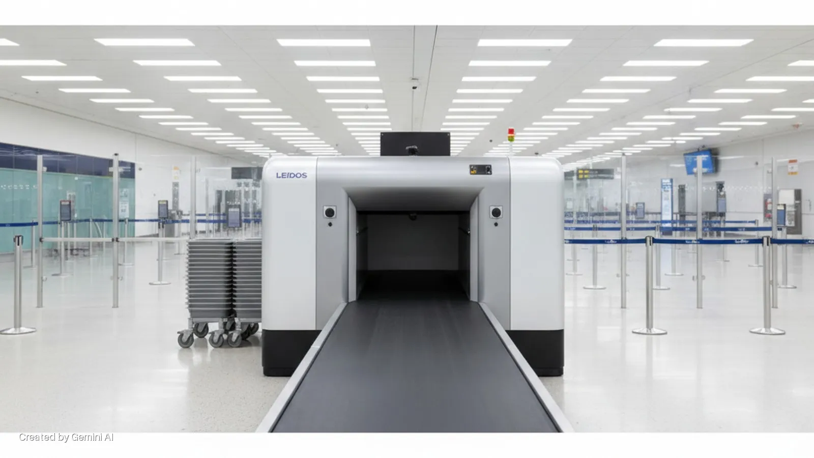 A brightly lit, empty airport security checkpoint features a large Leidos X-ray baggage scanner with a conveyor belt, a stack of grey luggage trays on a cart, and stanchions with blue ropes, all beneath a ceiling with numerous rectangular l