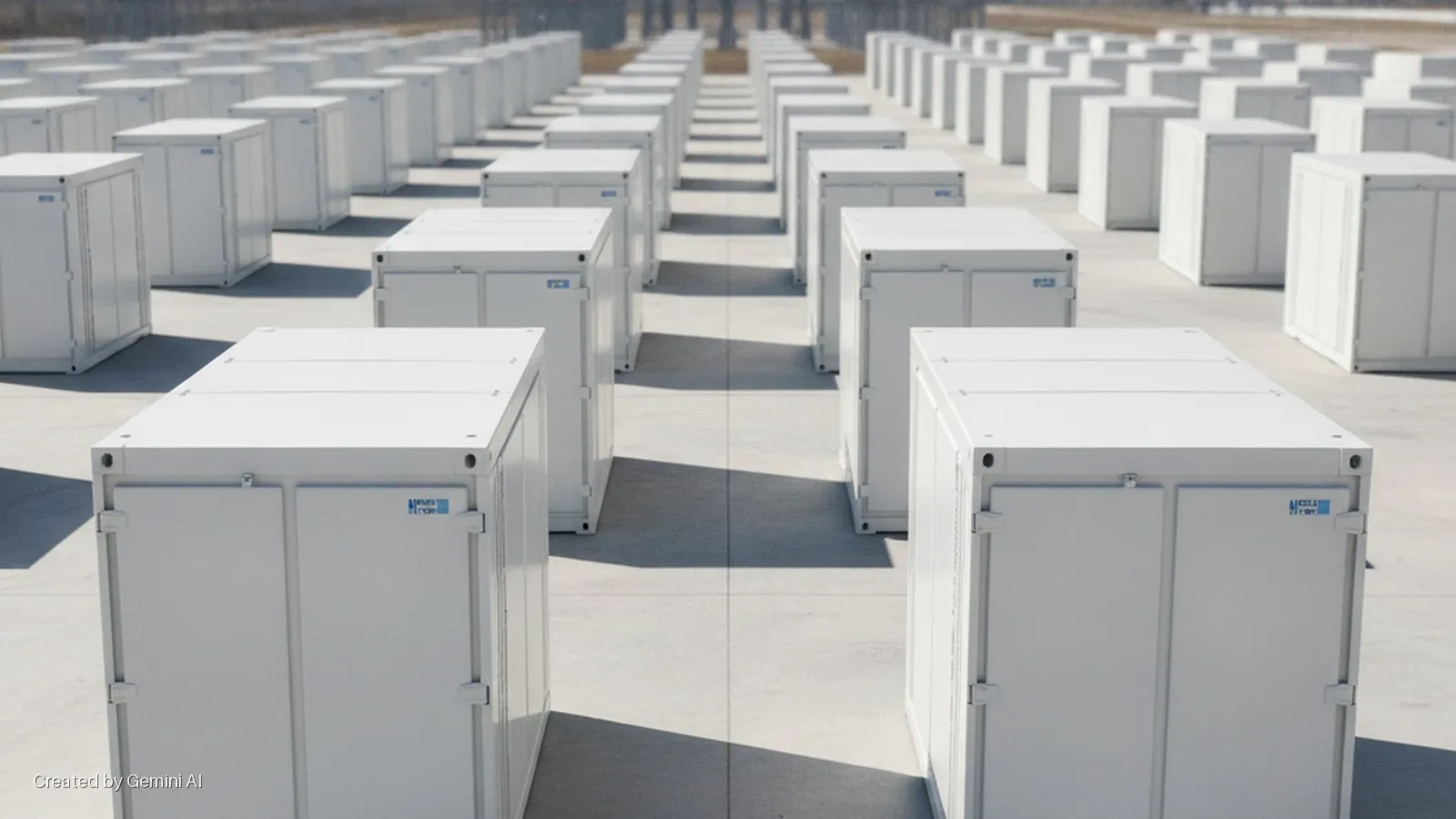 Rows of white rectangular containers on a concrete lot, illuminated by bright sunlight casting long shadows.