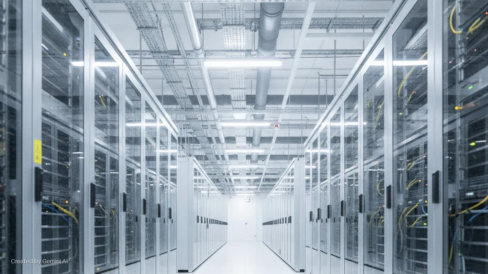 A brightly lit data center hallway lined with glass-fronted server racks revealing internal equipment, yellow and blue cables, and an overhead network of pipes and fluorescent lights.