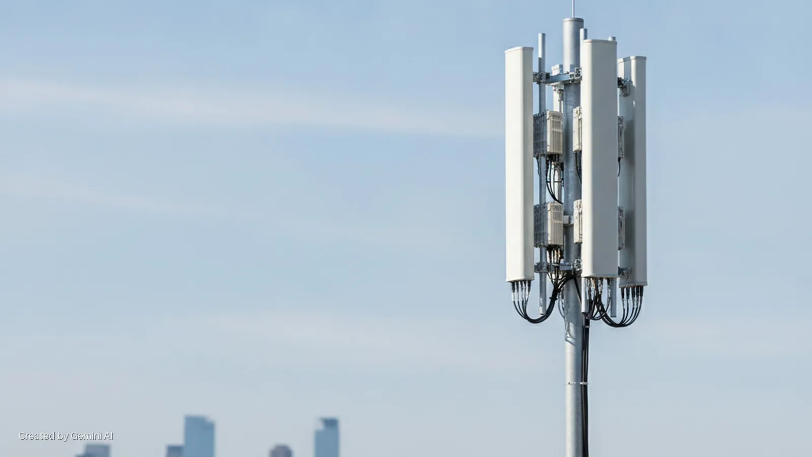 A cell tower with multiple white panel antennas and black cables stands against a clear, bright blue sky with a blurry city skyline visible in the distance.