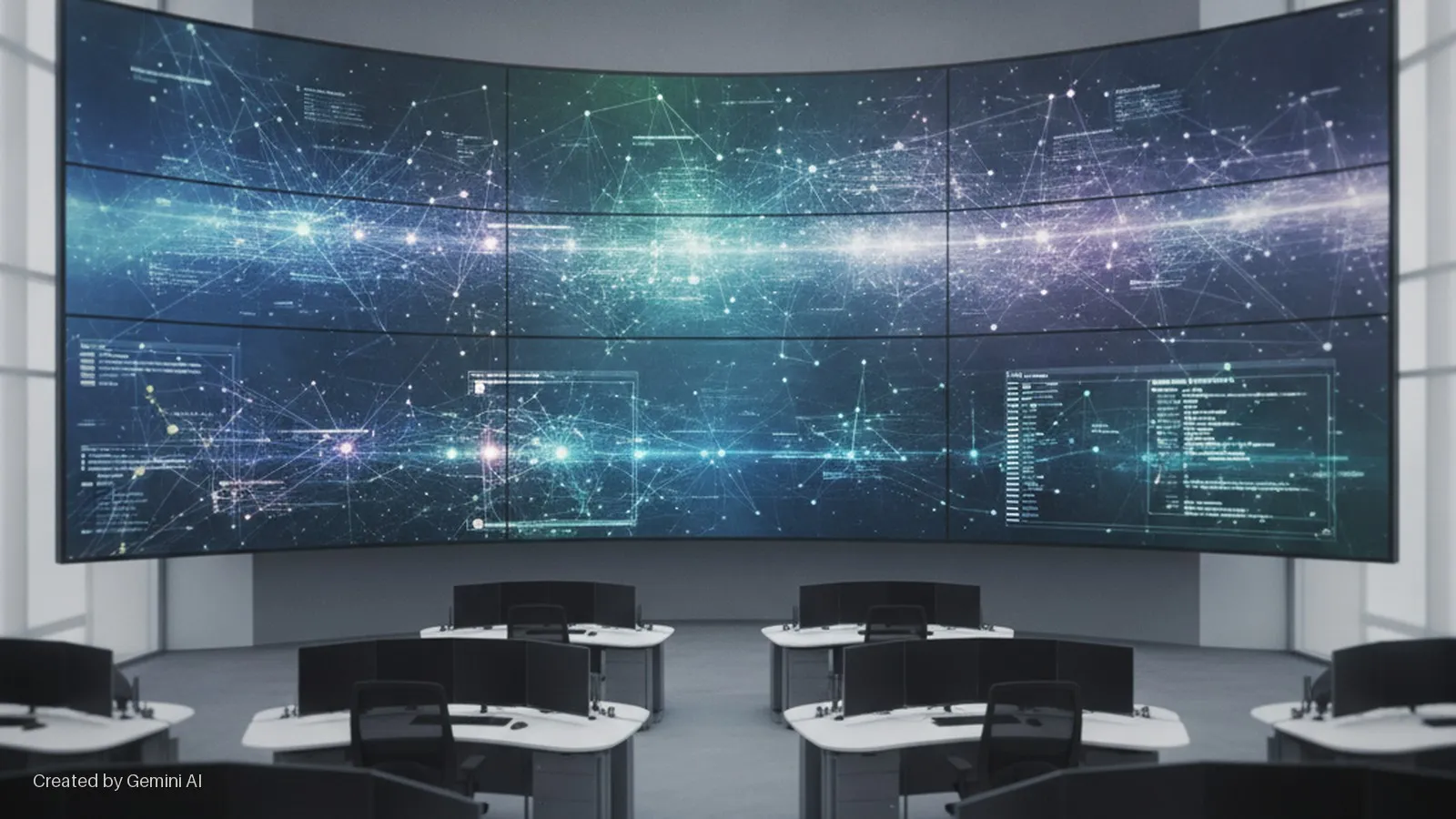 A control room with a massive, curved video wall displaying a glowing blue and purple digital network graphic, surrounded by several rows of unoccupied computer workstations under soft ambient lighting.