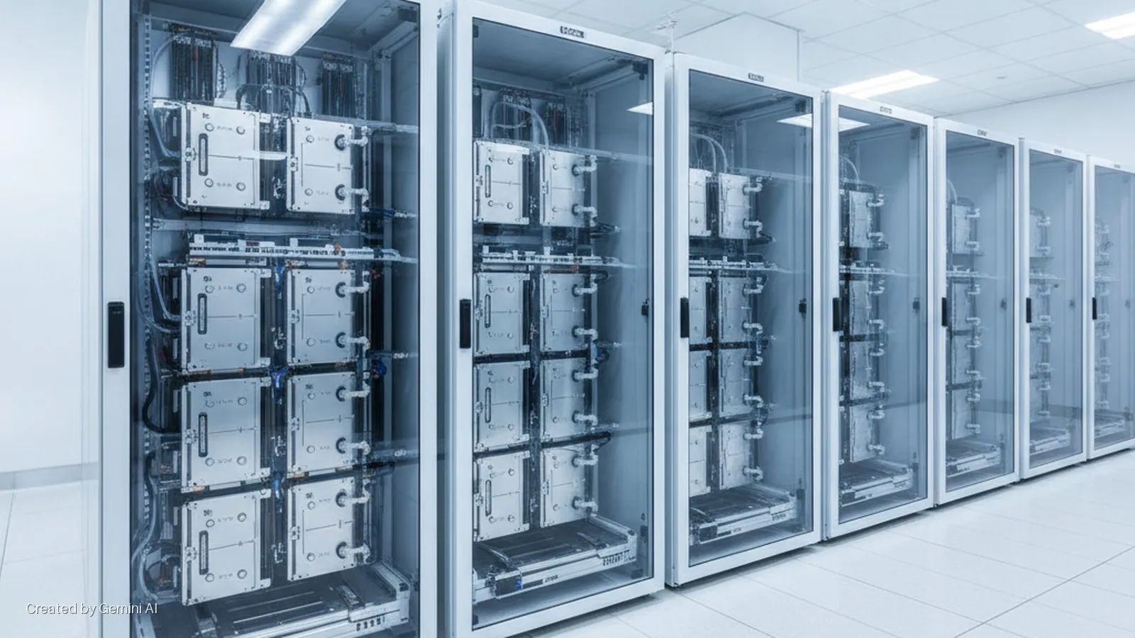 A row of brightly lit server racks with clear glass doors reveals silver liquid-cooled computing modules and connecting tubes in a clean data center.