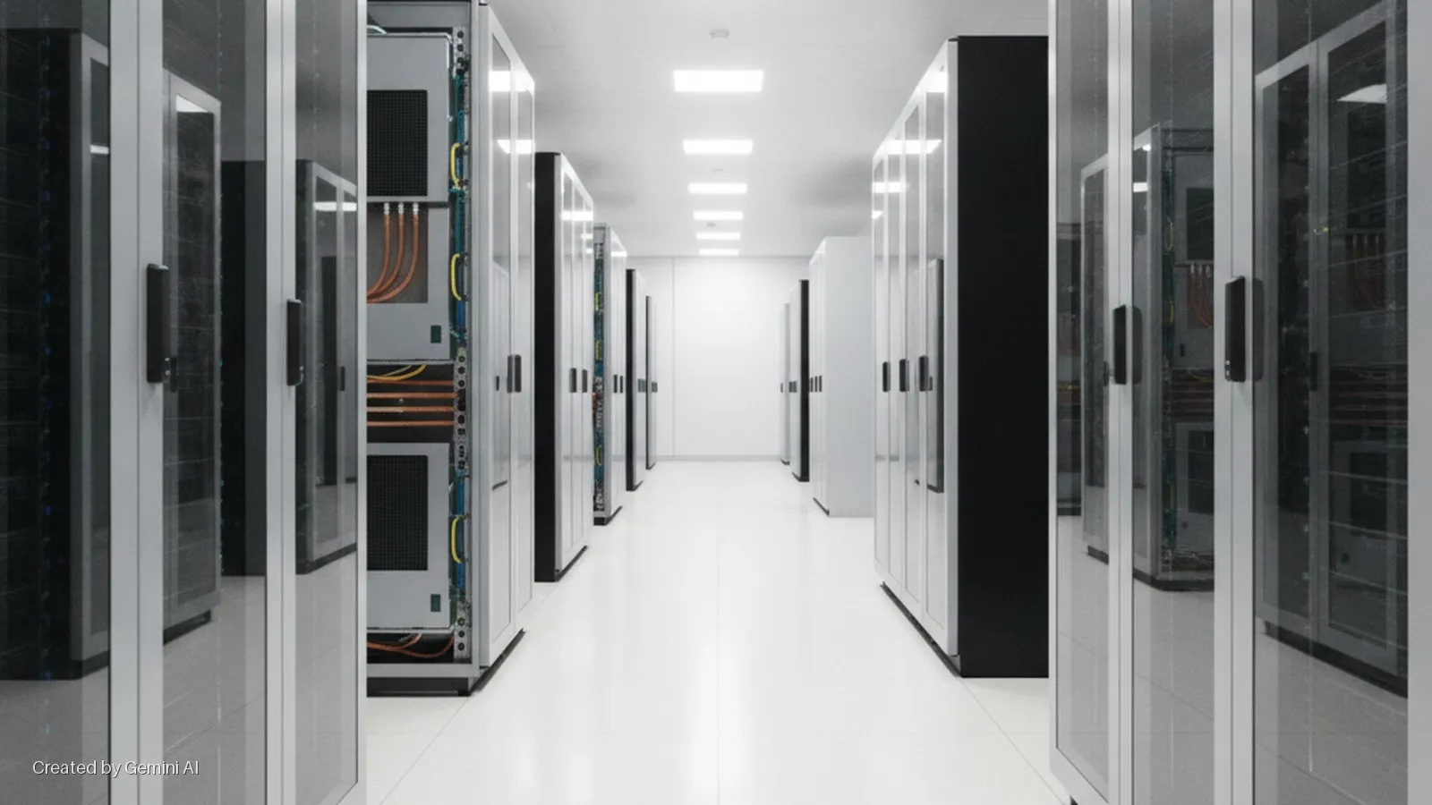 Brightly lit corridor of a modern data center with rows of server racks, some showing visible cables and equipment through glass doors.