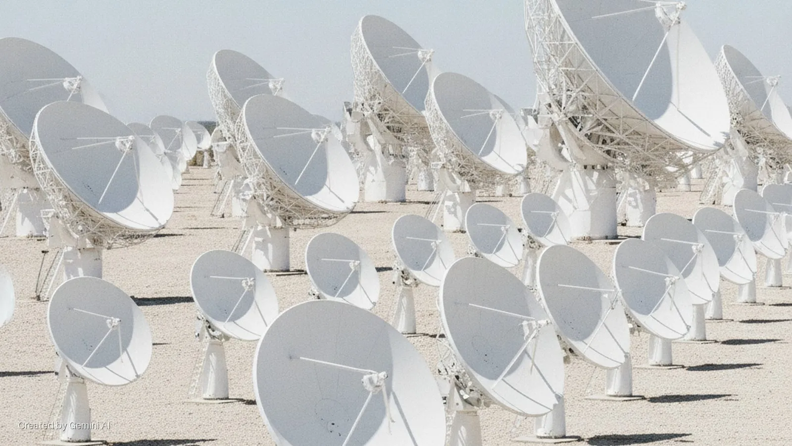 Numerous white satellite dishes stand in rows across a light-colored, gravelly field under bright daylight, casting distinct shadows.