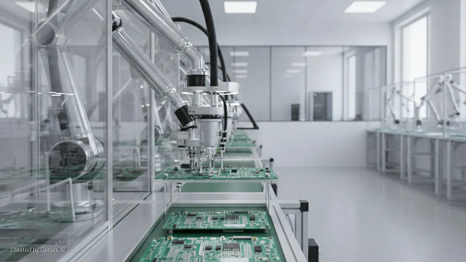 Automated robotic arms work on green circuit boards on an assembly line, enclosed in clear protective barriers, within a brightly lit clean room.