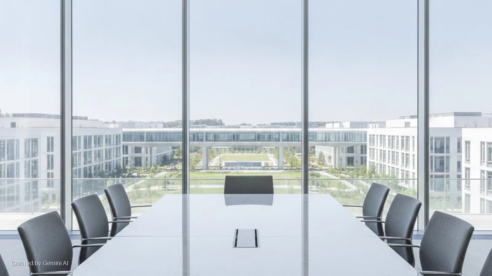 Modern conference room with a white table and gray chairs, looking out through large windows onto a bright corporate campus featuring white buildings, green courtyards, and an elevated walkway.