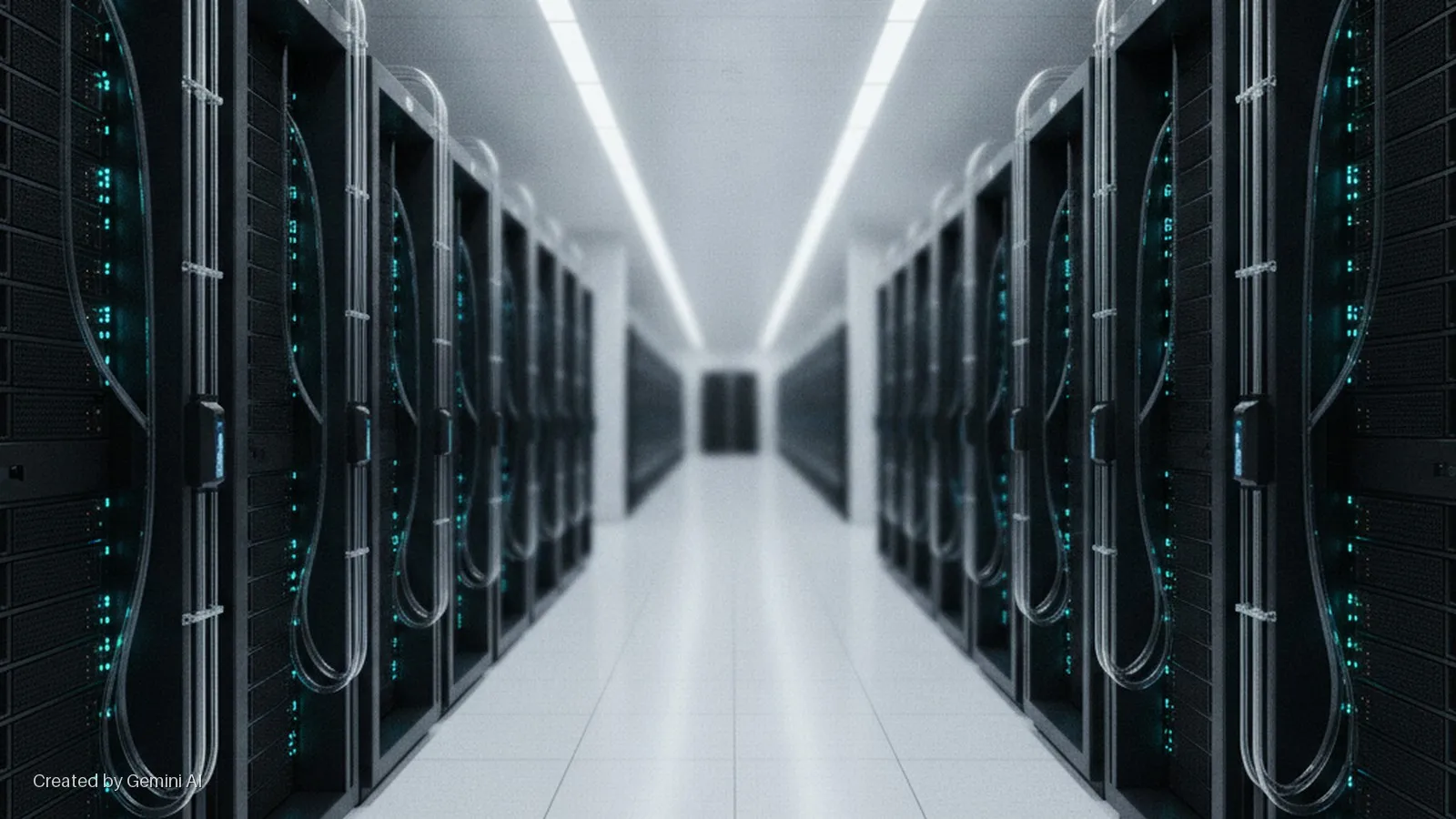 A symmetrical data center hallway lined with black server racks featuring translucent cooling tubes, glowing blue indicator lights, and bright overhead ceiling lighting.