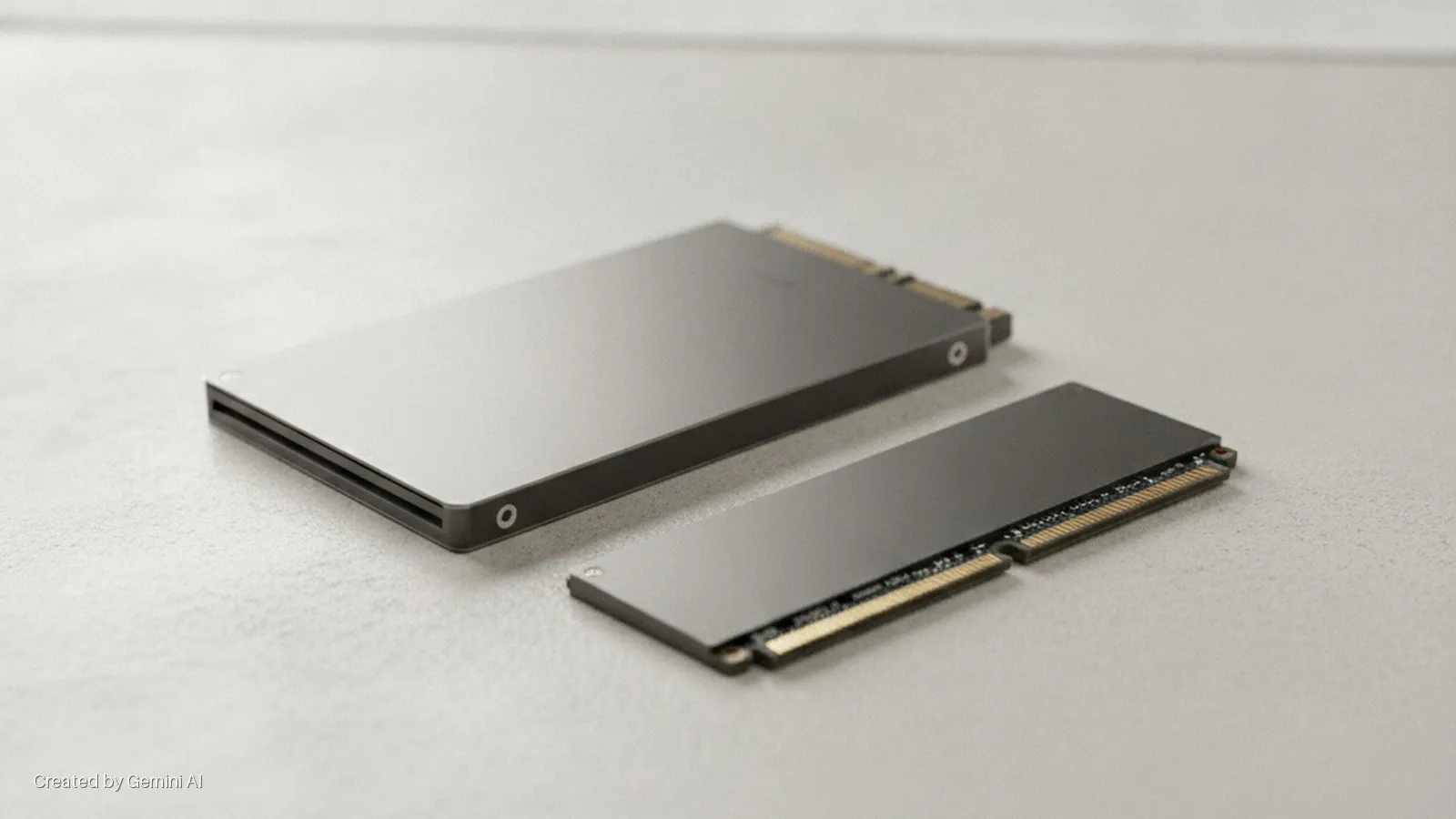 A rectangular dark gray enterprise solid-state drive and a dark gray server memory module with exposed gold pins lie on a light gray textured surface under bright, even lighting.