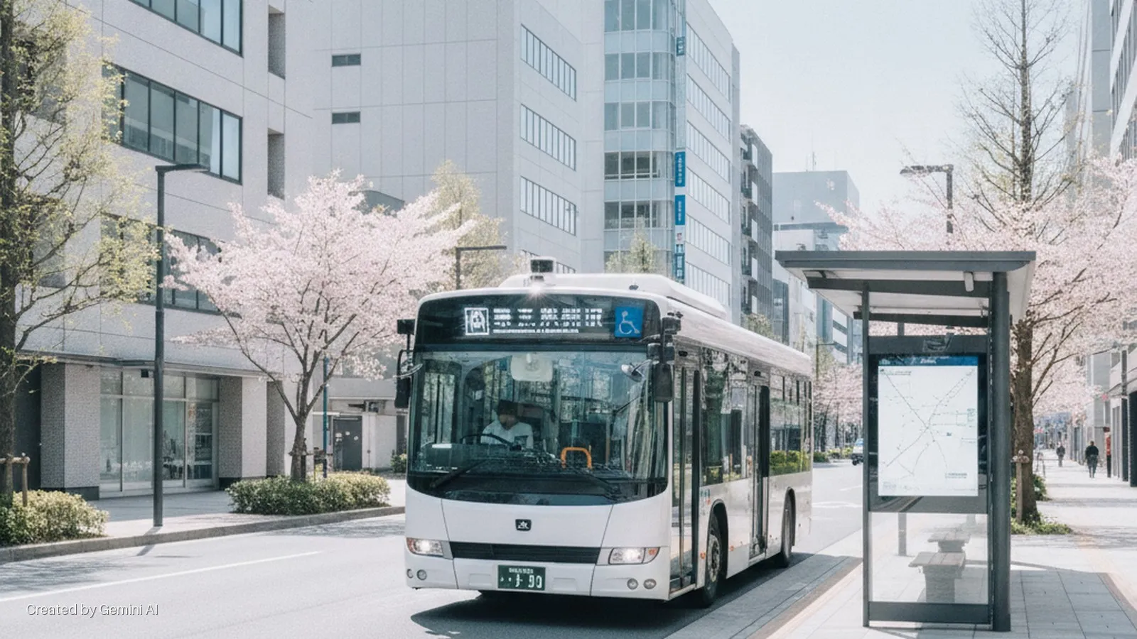 A white city bus approaches a bus stop on a sunny urban street lined with blooming cherry trees and modern buildings.