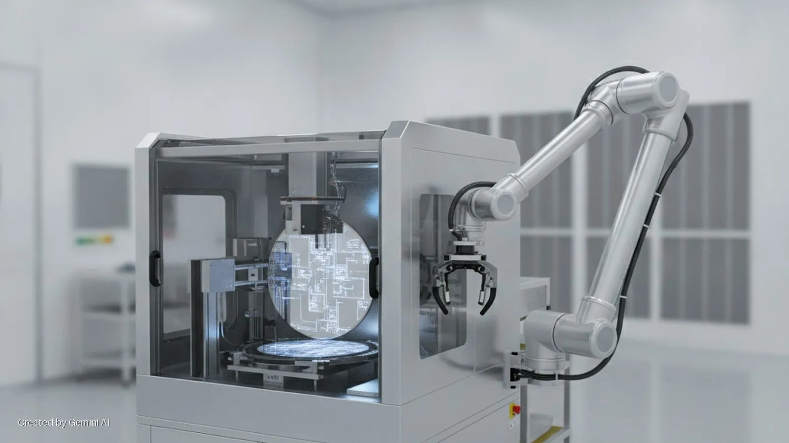 A robotic arm positions a large silicon wafer with illuminated circuit patterns inside semiconductor manufacturing equipment within a bright, sterile cleanroom.