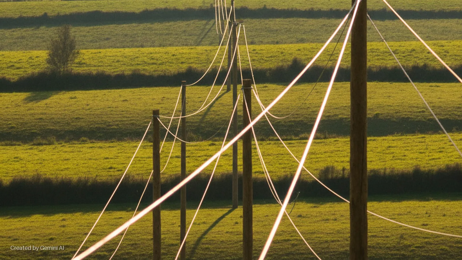 Golden hour light illuminates brightly shining wires strung between wooden poles, extending across a landscape of green fields divided by hedges, with a distant tree.