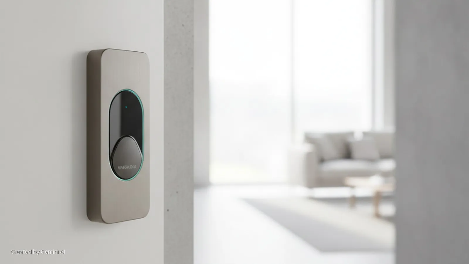 A vertical, brushed taupe smart home control panel with a glowing blue-outlined black display and "WAVERLOCK" text is affixed to a white wall, foregrounding a brightly lit, blurred modern living room with a sofa.