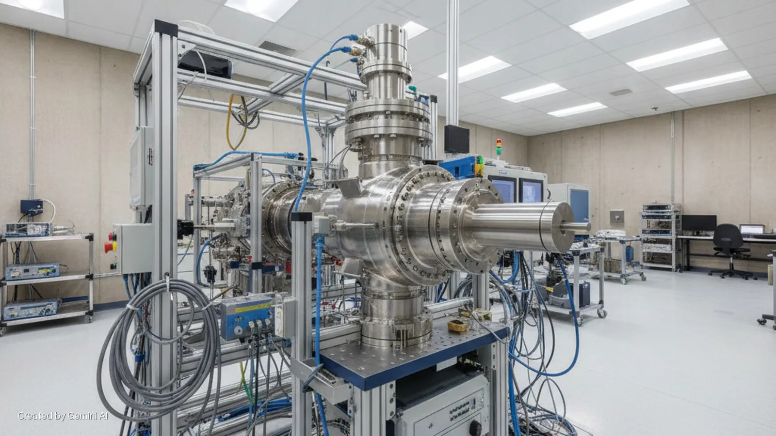 A brightly lit laboratory features a large, central stainless steel vacuum chamber assembly mounted on metal racks, surrounded by various electronic instruments, computers, and cables, set against concrete walls with a white floor and overh